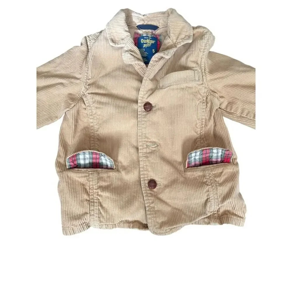 Oshkosh BGosh Boys Corduroy Jacket Size 5 Tan With Plaid Lining & Button Closure